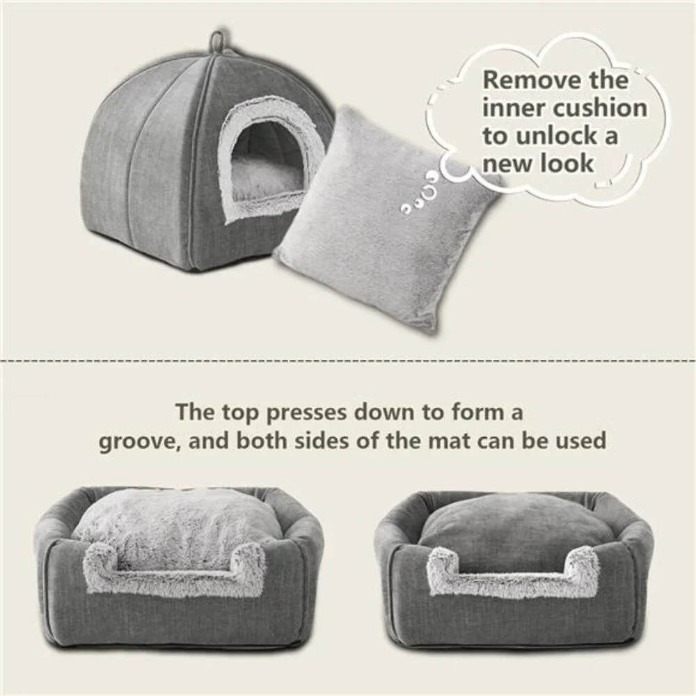 Cat Bed Cave Indoor Cat Tent Small Pets Soft Warm Foldable Washable Grey 15 Inch